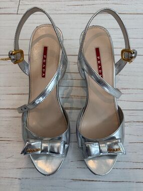 Prada Metallic Silver Bow Slingback Heels